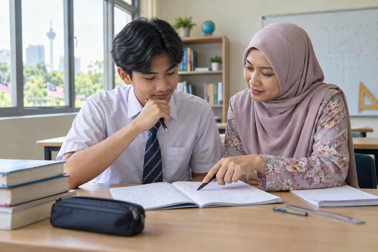 Pelajar menyemak penyelesaian Matematik SPM yang mencabar bersama guru