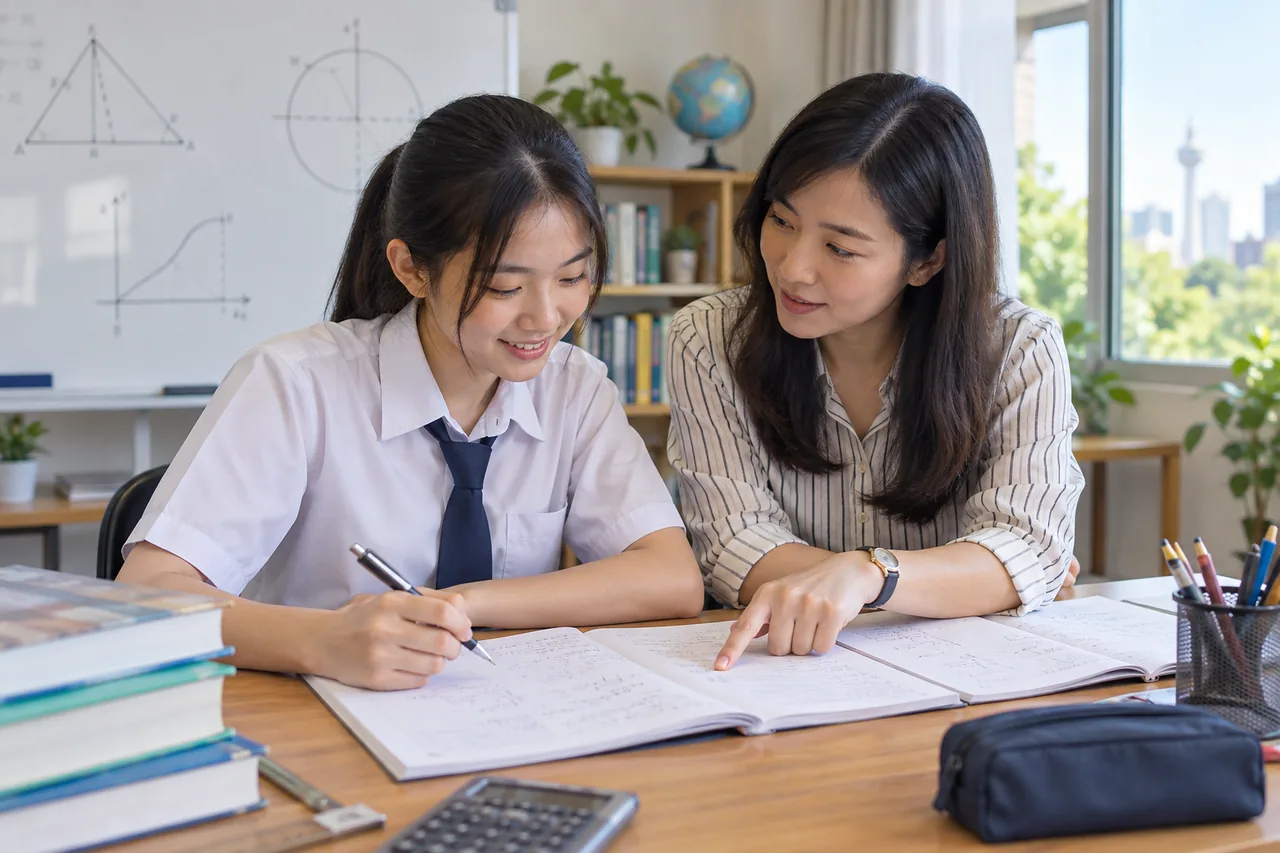 Student checking a challenging SPM Mathematics solution with a tutor