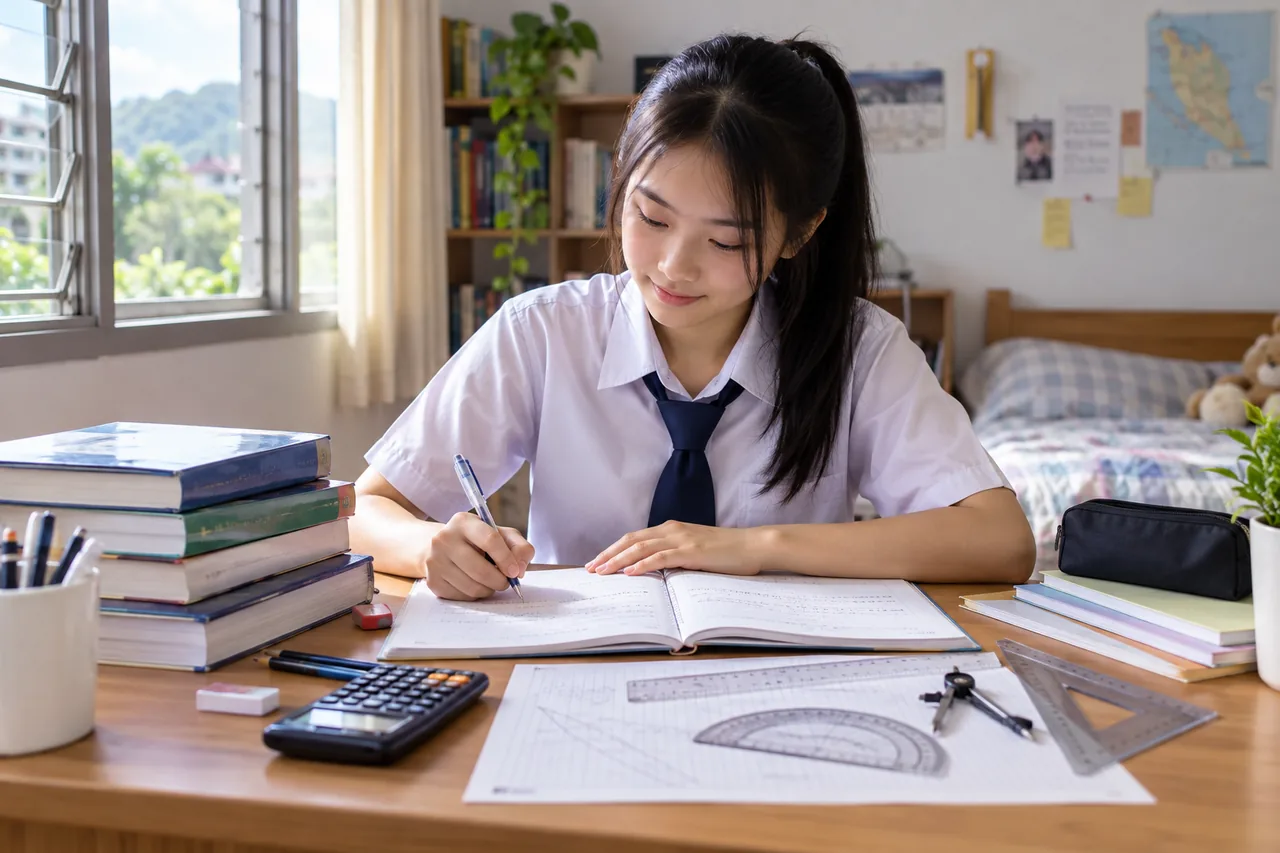 Student creating structured SPM Mathematics revision notes