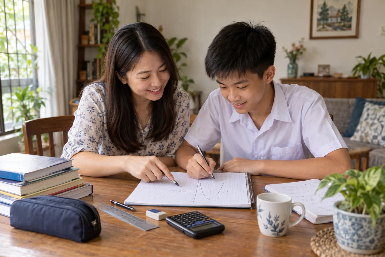 Form 4 student working through a quadratic graph with a tutor