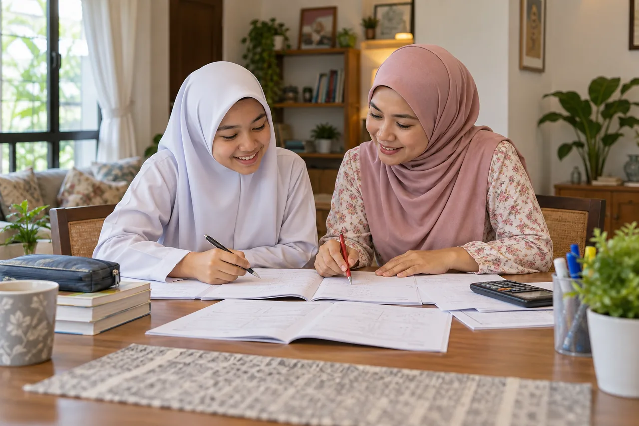 Pelajar Tingkatan 5 menyemak kertas percubaan Matematik bersama guru