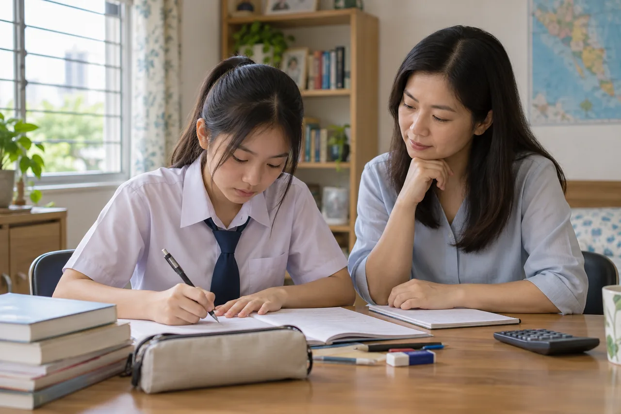 Student practising an SPM Mathematics paper under timed conditions
