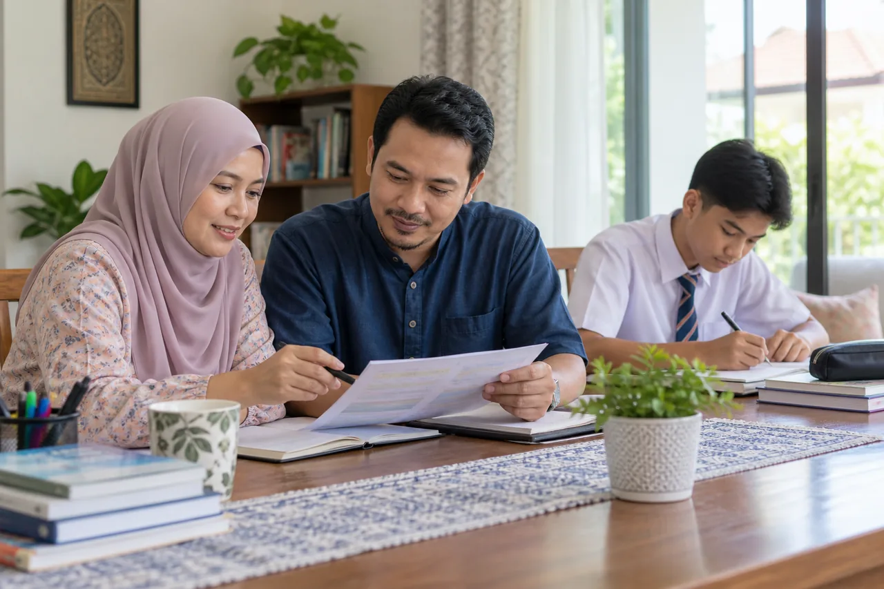 Ibu bapa dan guru menyemak pelan kelas Matematik SPM