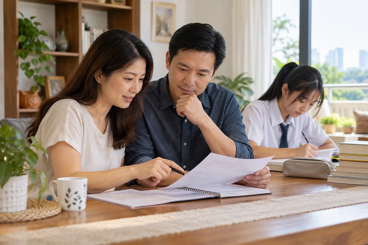 Parent and tutor reviewing an SPM Mathematics lesson plan