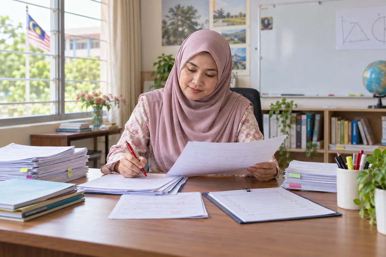 Guru berpengalaman menyemak rancangan kelas dan latihan pelajar