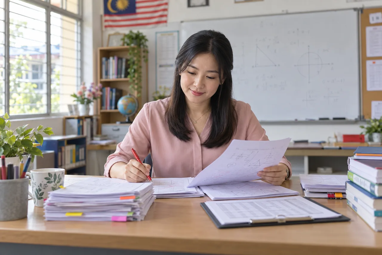 Experienced tutor reviewing lesson plans and student practice work