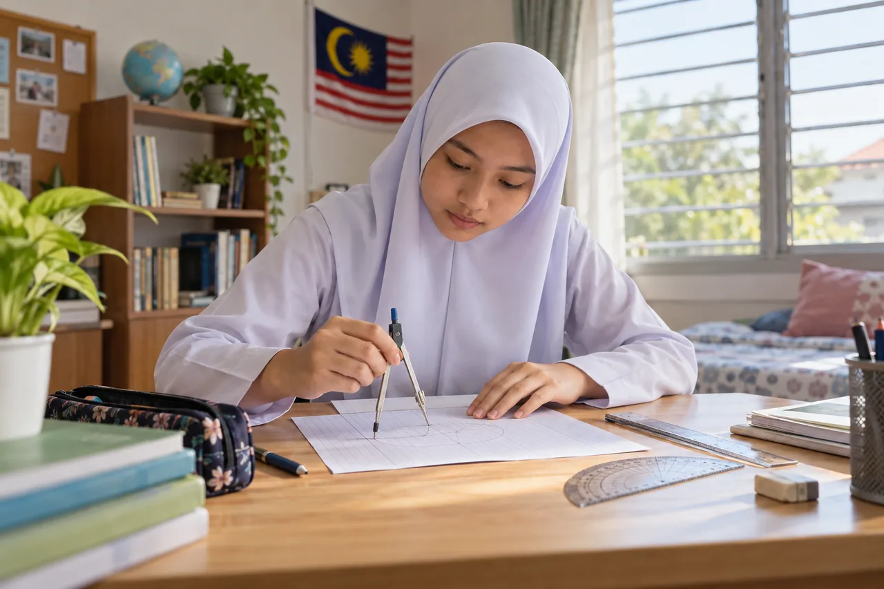 Pelajar menggunakan alat geometri untuk menyemak binaan Matematik