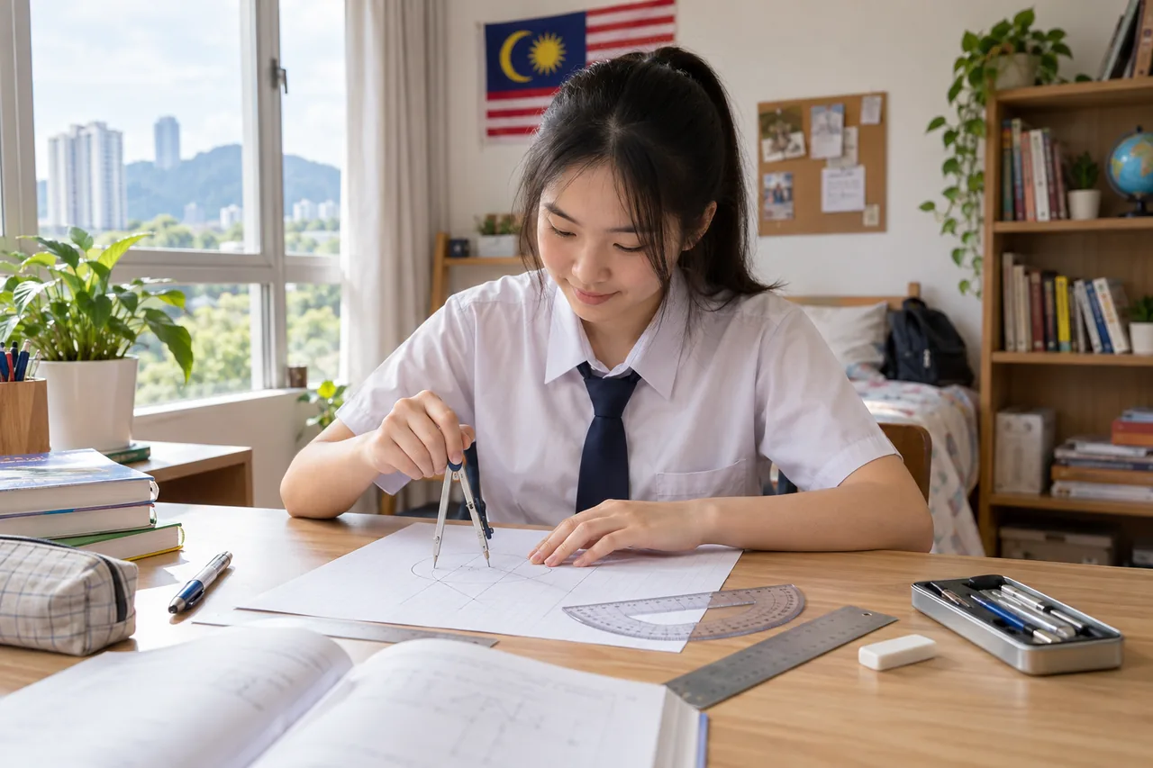 Student using geometry tools to check a Mathematics construction